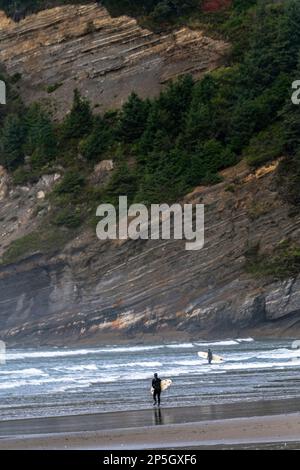 Im Oswald West State Park betritt ein paar Surfer mit seinem Brett das Wasser Stockfoto