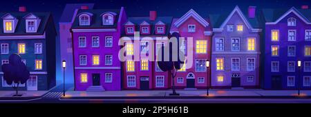 Nächtliche skandinavische Straße, beleuchtet mit Hygge-Lichtern in den Fenstern. Vektorgrafik einer dunklen europäischen Stadt mit alten Backsteingebäuden, Bäumen und Laternen auf Gehwegen und leerer Straße Stock Vektor