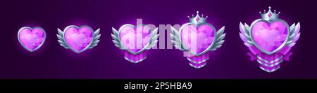 Spielabzeichen aus herzförmigem Edelstein in silbernem Rahmen. SpieleIkonen, Fantasy-Ranking-Medaillen mit violettem Kristall, Krone, Flügeln und Wimpel, Vektor-Cartoon, isoliert im Hintergrund Stock Vektor