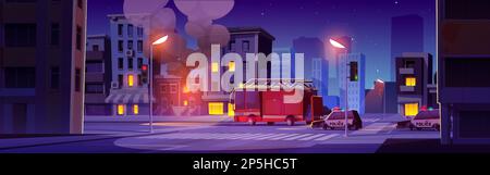 Feuer im Haus, Feuerwehrwagen und Polizeiauto auf der Straße der Stadt in der Nacht. Brennendes Stadtgebäude mit Flammen in den Fenstern, schwarzer Rauch und rotes Rettungsfahrzeug auf der Straße, Vektorgrafik Stock Vektor