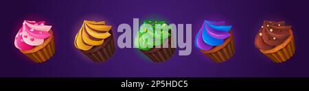Symbole für süßes Essen, Schokoladenkuchen. Süße Desserts, Cupcakes und Muffins mit unterschiedlicher Sahne. Gebäcksymbole für Streichholz drei Spiele, Vektorfilm isoliert auf Hintergrund Stock Vektor