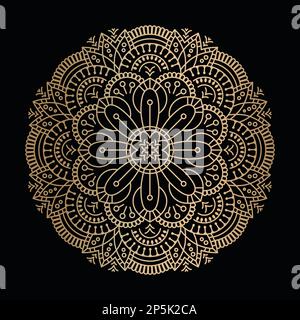 Ziergoldmandala auf schwarzem Hintergrund. Rundes Ornament-Muster. Indianer. Arabisch, islamische Ornamente, Buddhismus-Kultursymbol Stock Vektor