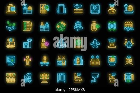 Check in Airport Icons set Outline Vector (Flughafensymbole einchecken). Gepäckflugzeug. Flughafensicherheit Neonfarbe auf Schwarz Stock Vektor