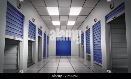 Lagerräume mit offenen, geschlossenen und halb offenen Türen 3D Abbildung. Stockfoto