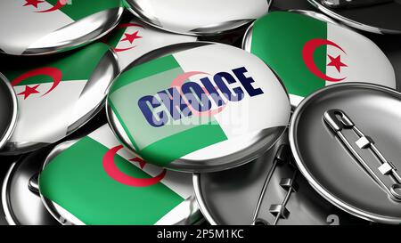 Choice in Algerien - farbenfrohe handgefertigte Wahlkampfknöpfe zur Förderung der Choice in Algerien. 3D-Darstellung Stockfoto