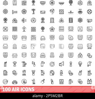 100 Air-Symbole eingestellt. Umrissdarstellung von 100 Air-Symbolen, Vektorsatz isoliert auf weißem Hintergrund Stock Vektor