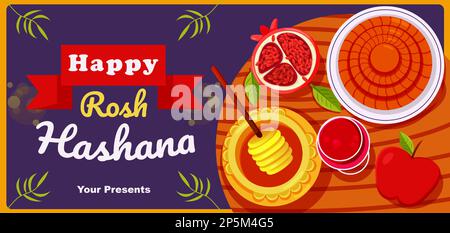 Frohe Rosh Hashana. Obst, Brot und Honig Stock Vektor