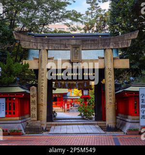 Fukuoka, Japan - Nov. 21 2022: Der Suikyo-Tenmangu-Schrein lag ursprünglich im Gebiet Imaizumi und wurde von Kuroda Nagamasa, dem Ersten lord, zu diesem Ort verlegt Stockfoto