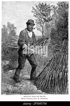 Gravur eines Mannes, der Holz für ein Holzkohlenfeuer sammelt, etwa 1880 Stockfoto