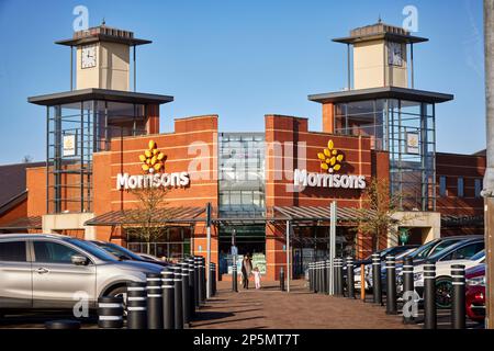 Leyland Lancashire, Morrisons Supermarkt, auf dem Gelände der berühmten Leyland Bus Fabrik Stockfoto