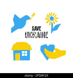 Save Ukraine Symbol Illustration stilisiertes Haus, Vogel des Friedens, Sonnenblume und Herz in Hand in Schnittstil Blau und Gelb isoliert Stock Vektor