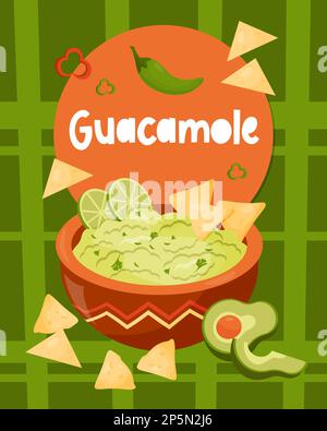 Guacamole. Traditionelles mexikanisches Essen. Grüne Guacamole-Sauce in einer Schüssel mit Nachos, Limette und Avocadofeilen. Vektordarstellung. Vertikales Poster mit Stock Vektor