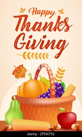 Frohes Thanksgiving, Picknickkorb mit Obst Stock Vektor