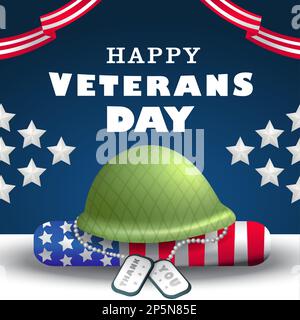 Happy Veterans Day, Veteranenhelm und Halskette auf der Flagge Stock Vektor