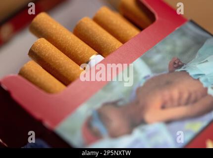 München, Deutschland. 06. März 2023. Eine offene Packung Zigaretten liegt auf einem Tisch. Kredit: Sven Hoppe/dpa/Alamy Live News Stockfoto