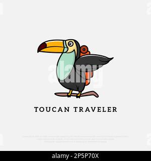 Süßer Vektor im Toucan Traveler Logo. Das kreative Konzept des Reisens. Süße Vögel Cartoon-Vektor-Flach-Illustration Stock Vektor