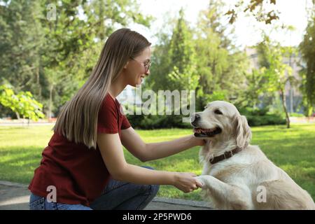 Süßer goldener Retriever-Hund, der einer jungen Frau im Park die Pfote gibt Stockfoto