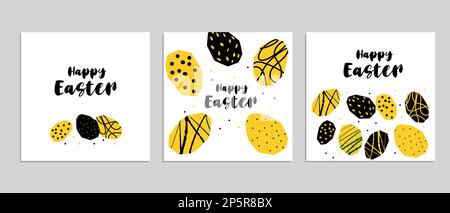 Set Happy Easter mit stilisierten Eiern Illustration in Schnittart gelb schwarz Stock Vektor