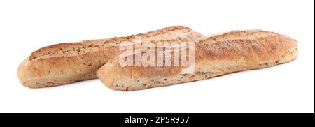 Leckere Buchweizen-Baguettes auf weißem Hintergrund. Frisches Brot Stockfoto