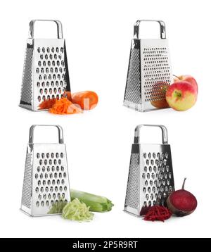 Set mit Edelstahlrosten und frischen Produkten auf weißem Hintergrund Stockfoto
