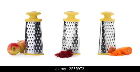 Set mit Edelstahlrosten und frischen Produkten auf weißem Hintergrund. Bannerdesign Stockfoto