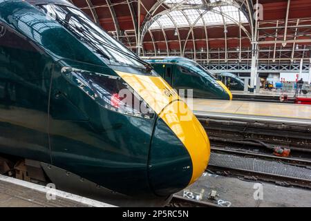 Intercity Express-Züge der British Rail-Klasse 800 oder Azuma-Züge stehen am Bahnsteig am Bahnhof Paddington in London, Großbritannien, bereit. Stockfoto