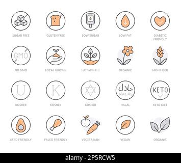 Symbolsatz für Zeile für Ernährung. Halal, nachhaltige, lokale Gaumenernährung, Diabetiker-freundlich, zuckerfreie koschere Minimalvektordarstellung. Einfacher Umriss Stock Vektor