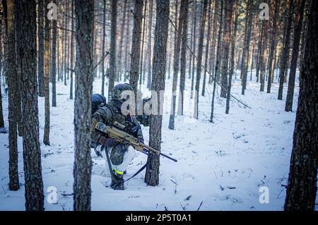 Paprade, Litauen. 07. März 2023. Bundeswehrsoldaten nehmen an der Griffin-Blitzübung auf dem Ausbildungsgelände Paprade Teil, an der das deutsche Kämpfer-Bataillon 413 verstärkte Wachsamkeit-Aktivitäten-Brigade während eines Besuchs des deutschen Verteidigungsministers teilnimmt. Kredit: Kay Nietfeld/dpa/Alamy Live News Stockfoto