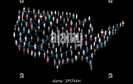 US Population Connected Creative Concept auf US-Karte. Eine große Menschenmenge, die in einer Form von US-Landsymbol zusammenstehen. Mull Stockfoto