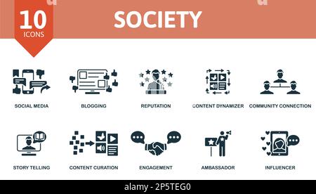 Die Gesellschaft hat sich eingerichtet. Kreative Symbole: Soziale Medien, Bloggen, Ruf, Content-Dymanizer, Community-Verbindung, Geschichten erzählen, Inhalte kurieren, Interaktion Stock Vektor