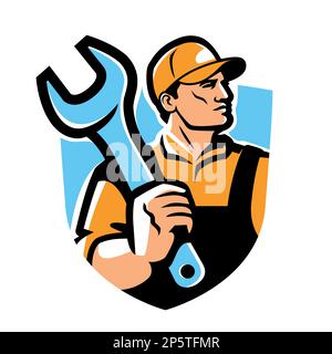 Bauarbeiter, Ingenieur-Emblem. Baumeister mit Schraubenschlüssel, Werkstattlogo im Retro-Stil. Vektordarstellung Stock Vektor