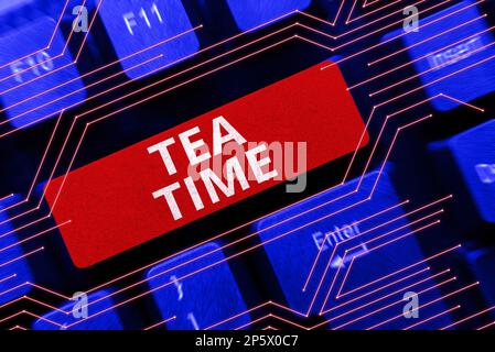 Inspiration mit dem Schild „Tea Time“. Geschäftsansatz Nachmittagszeit, wenn einige Personen eine kleine Mahlzeit zu sich nehmen Stockfoto