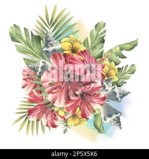 Tropische Palmenblätter mit roten Hibiskusblüten, gelben Blumen und Muscheln. Aquarelldarstellung. Komposition aus DER KUBA-Sammlung. Für Stockfoto
