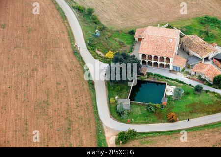 Im Ballon über Naturpark Garrotxa, Provinz Girona. Katalonien. Spanien Stockfoto