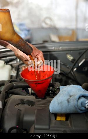 Beim Ölwechsel im Auto wird Öl eingefüllt Stockfoto