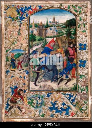Simon hilft beim Tragen des Kreuzes – eine von vier beleuchteten Seiten aus einem Buch der Stunden, Künstler unbekannt c. 1430 - 1450 Stockfoto