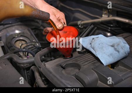 Beim Ölwechsel im Auto wird Öl eingefüllt Stockfoto