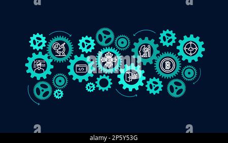 Technologie Systemmanagement und funktionierendes KI-Prozesskonzept auf dunkelblauem Hintergrund. Gruppe von Zahnrädern mit verbundenen Technologiesymbolen. Abbildung G Stockfoto