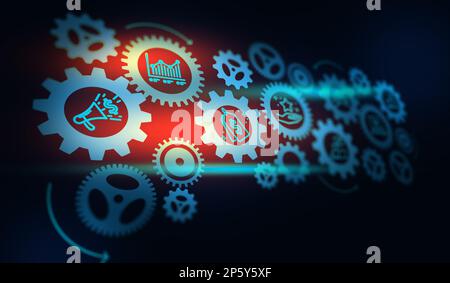 Digital Marketing Automation and Management Process Konzept. Gruppe von Zahnrädern, die mit den Symbolen für Online-Geschäftsverkäufe, Feedback, Grafik und Wachstum verbunden sind. 3D Stockfoto
