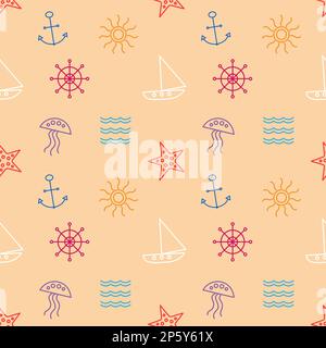Seereise-Sommer mit nahtlosem Muster auf einer beigen Hintergrundtapete mit bunten Meeresobjekten. Stock Vektor