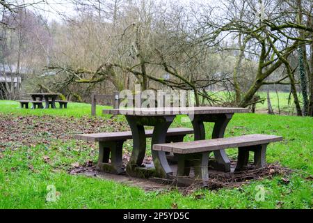 Leere Bänke mit Tischen für Touristen, die sich auf dem grünen Gras in der Nähe des Flusses ausruhen können. Ein Ort der Ruhe für Touristen und Reisende. Stockfoto