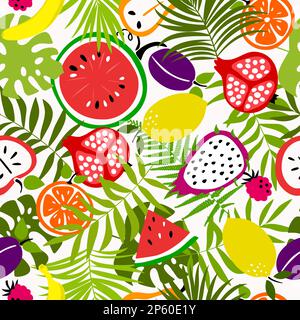 Nahtloses Fruchtmuster, Sammlung exotischer tropischer Früchte mit Pflanzen. Sommerdesign. Exotische tropische Früchte. Farbenfrohe Vektordarstellung Stock Vektor