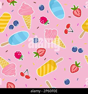 Sommereis mit Beeren. Niedlicher, nahtloser Vektor-Hintergrund mit Erdbeer-, Himbeer-, Kirsch- und Eiskrem-Konus. Stock Vektor