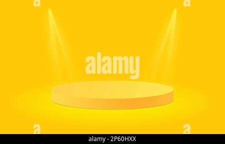 Gelber Leuchtkasten mit Plattform- und seitlichen weichen Weitstrahlern. Helle Vektordesignvorlage für Präsentationen, Werbung usw. Stock Vektor