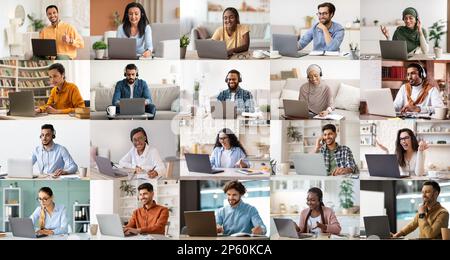 Eine Gruppe von Multirassenmenschen, die Computer benutzen, Collage Stockfoto