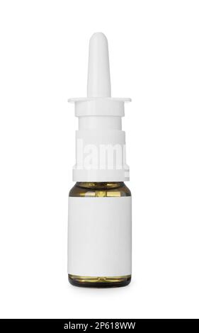 Flasche Nasenspray isoliert auf weiß Stockfoto