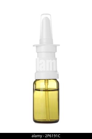 Flasche Nasenspray isoliert auf weiß Stockfoto