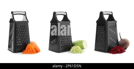 Set mit Gratern und frischen Produkten auf weißem Hintergrund. Bannerdesign Stockfoto
