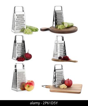 Set mit Edelstahlrosten und frischen Produkten auf weißem Hintergrund Stockfoto