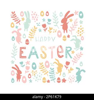 Niedliches, handgezeichnetes osterhäschen-Design, osterkritzelhintergrund, ideal für Textilien, Banner, Tapeten, Umhüllung - Vektordesign Stock Vektor